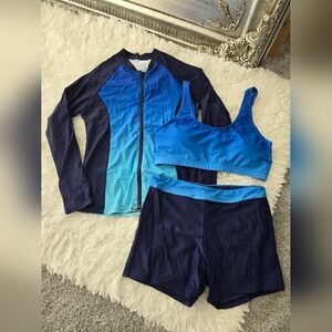 Holipick 3 Piece Rash Guard, Shorts & Top with Built in Bra Swim suit. SPF. Blue